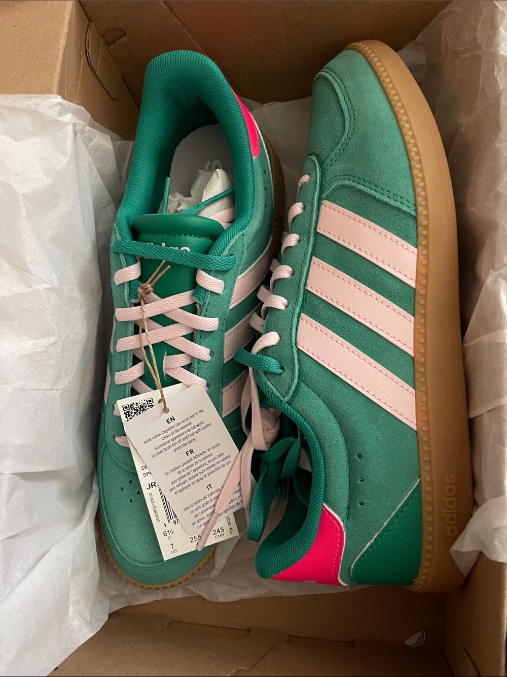adidas Kids BREAKNET SLEEK J Teal Suede Sneaker with Pink Stripes - Picture 3 of 9